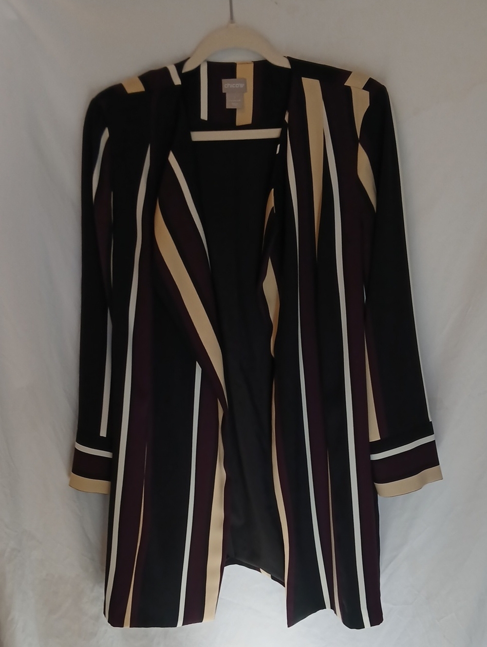 Chico's Black, Cream & Deep Purple Striped Open Blazer